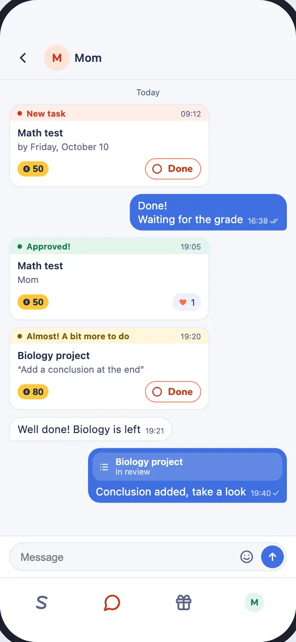 The child's chat: "New task", "Approved!" and "Almost!" cards with a "Done" button