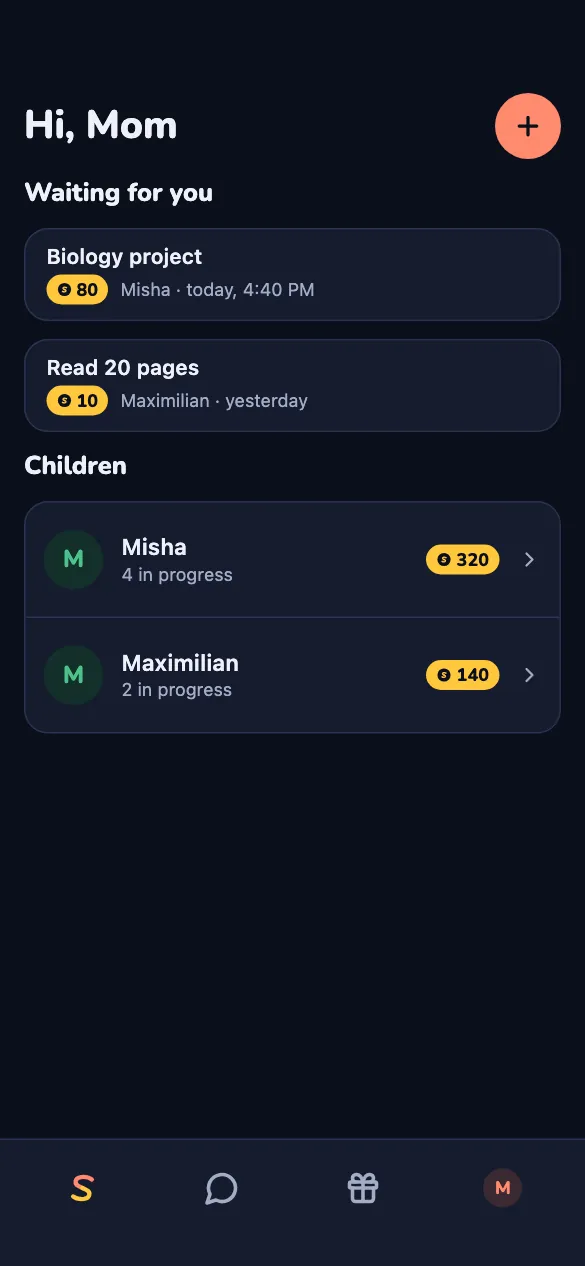 The adult's home: tasks waiting for review, the children and their coins