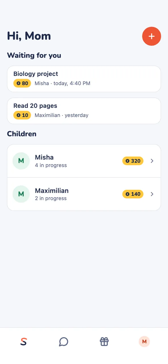 The adult's home: tasks waiting for review, the children and their coins