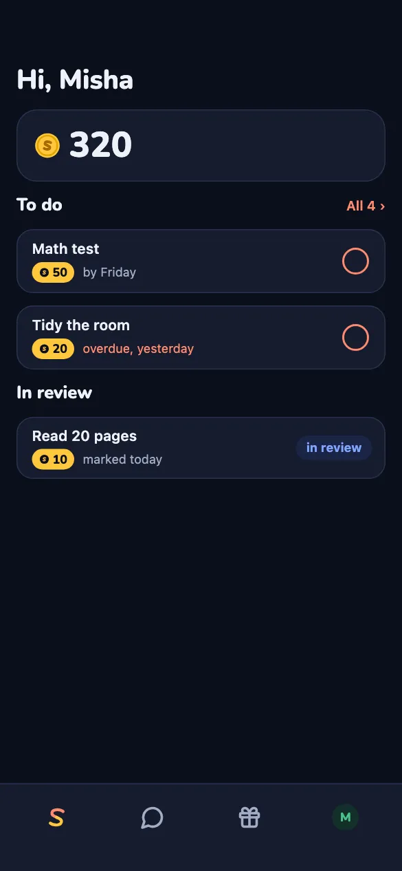 The child's home: 320 coins saved up, tasks and one in review