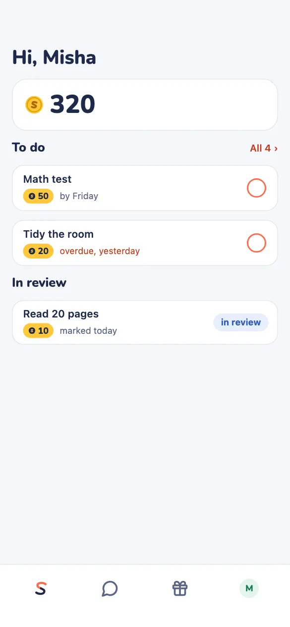 The child's home: 320 coins saved up, tasks and one in review