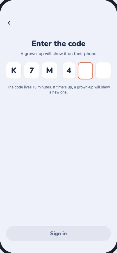 The child's "Enter the code" screen with six cells