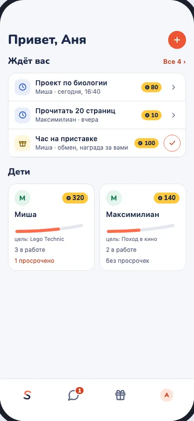 Главная взрослого с двумя детьми и их целями