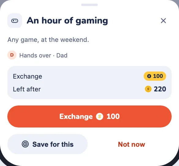The exchange sheet: "Exchange" for 100 coins and what will be left