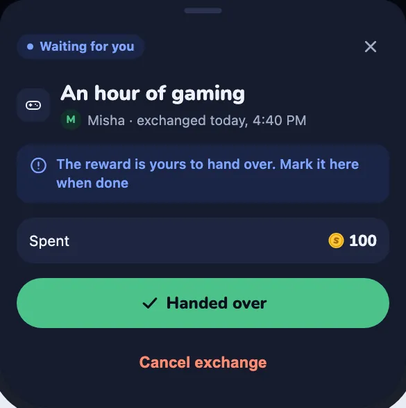 The adult's sheet: "Handed over" or "Cancel exchange"