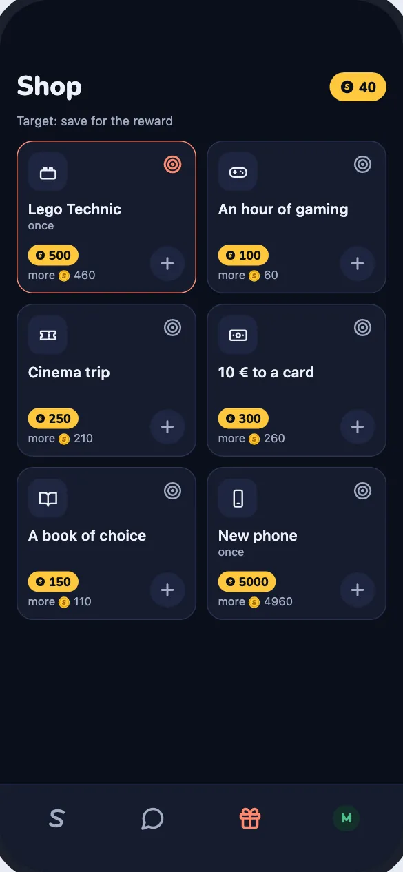 The reward shop: rewards priced in coins and the goal