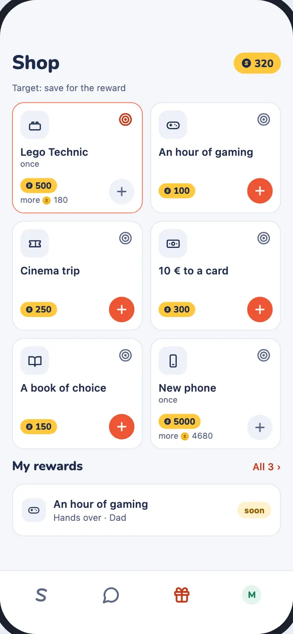 The reward shop: rewards priced in coins and the goal