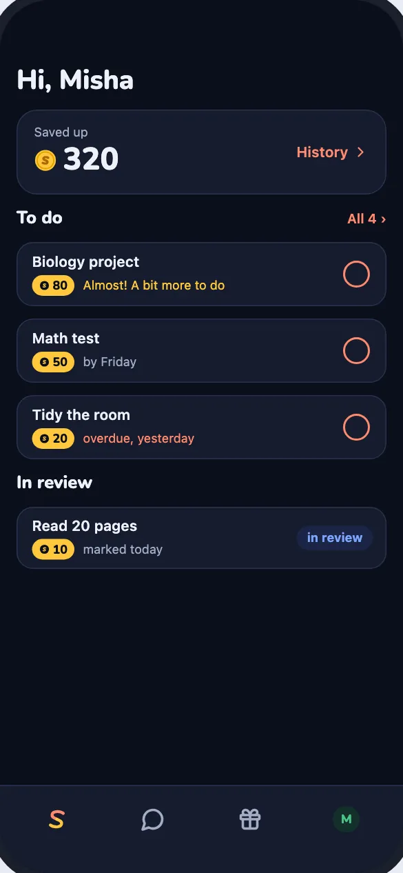 The child's home: tasks with "Done" circles and a task in review