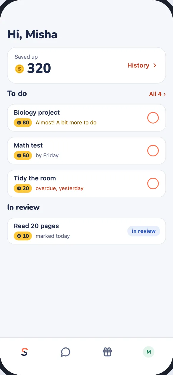 The child's home: tasks with "Done" circles and a task in review