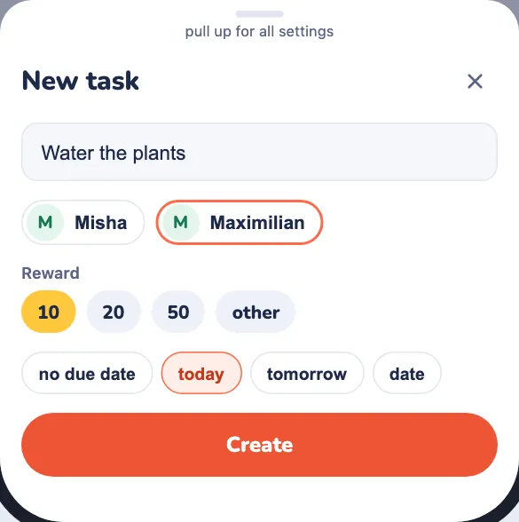 The "New task" sheet: what to do, for whom, how many coins and the due date