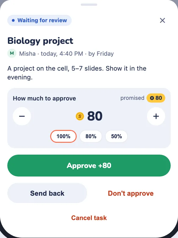 The review sheet: how much to approve, "Approve", "Send back", "Don't approve"